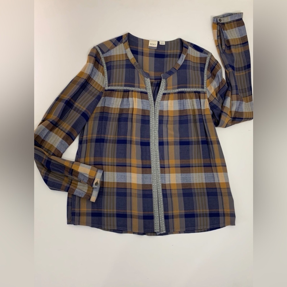 Roxy Embroidered Boho Plaid Blouse // Coastal Cowgirl Indie Peasant Top XS - Picture 2 of 7